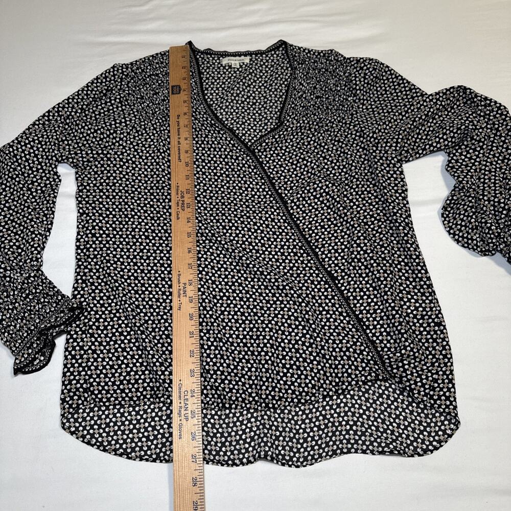 Max Studio Black Tan White Geo Print Elastic Cuff Pleated Blouse Tunic L Top EUC - Picture 5 of 16